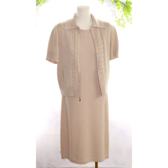 St. John Sheath Sleeveless Dress/Short Sleeve Jacket Knit Neutral Old Money 4P - Picture 1 of 16